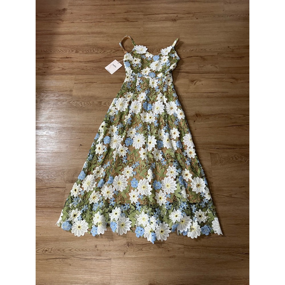 NWT JardinVue 3D Floral Embroidered Lace Midi Dress Daisy Garden Party Size S